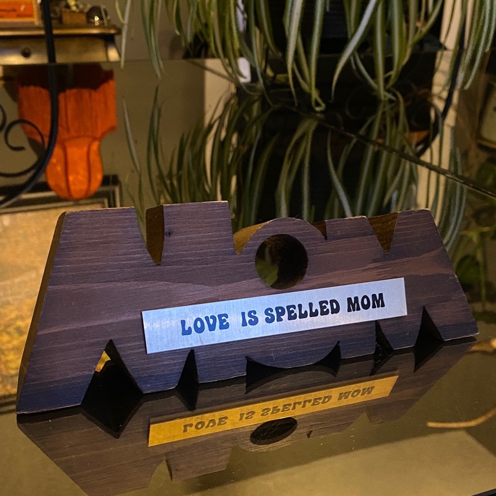 Vintage mid-century modern (MCM) wood carved "MOM" sign